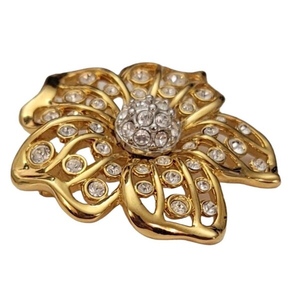 Swarovski Swan Loo Gold Tone Clear Crystal Pave Ball Open Flower Brooch Pin E776 - Picture 3 of 7